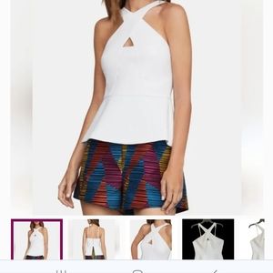 BCBGMAXAZRIA Cross-neck Peplum Top in White-Colo